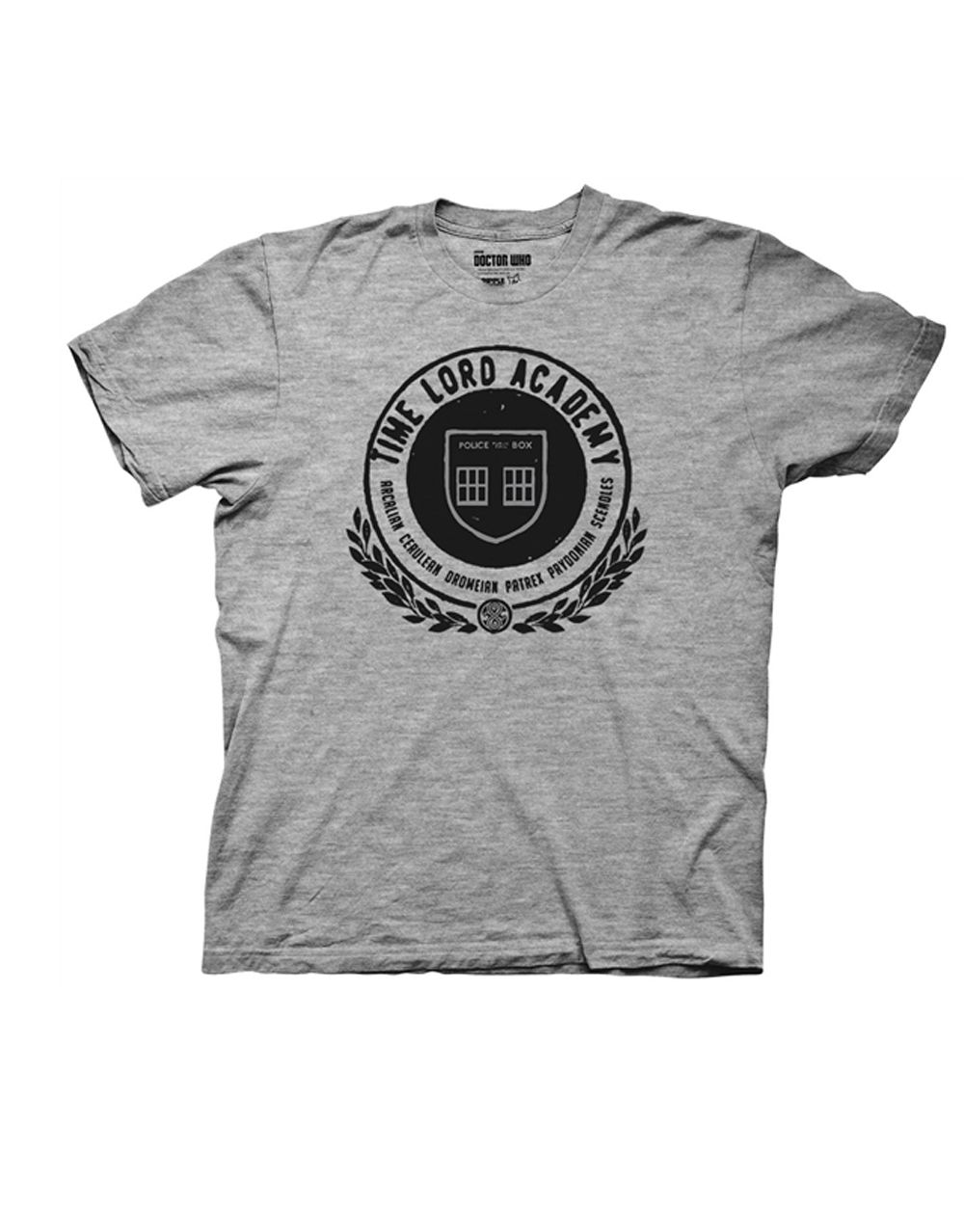 Time Lord academy graphic on a heathered grey adult t-shirt.