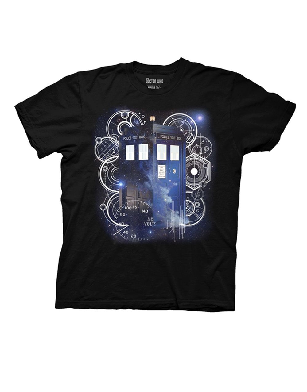 Tardis space tech graphic on a black adult t-shirt.