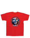 Doctor Who classic Tardis graphic on a red kids t-shirt.