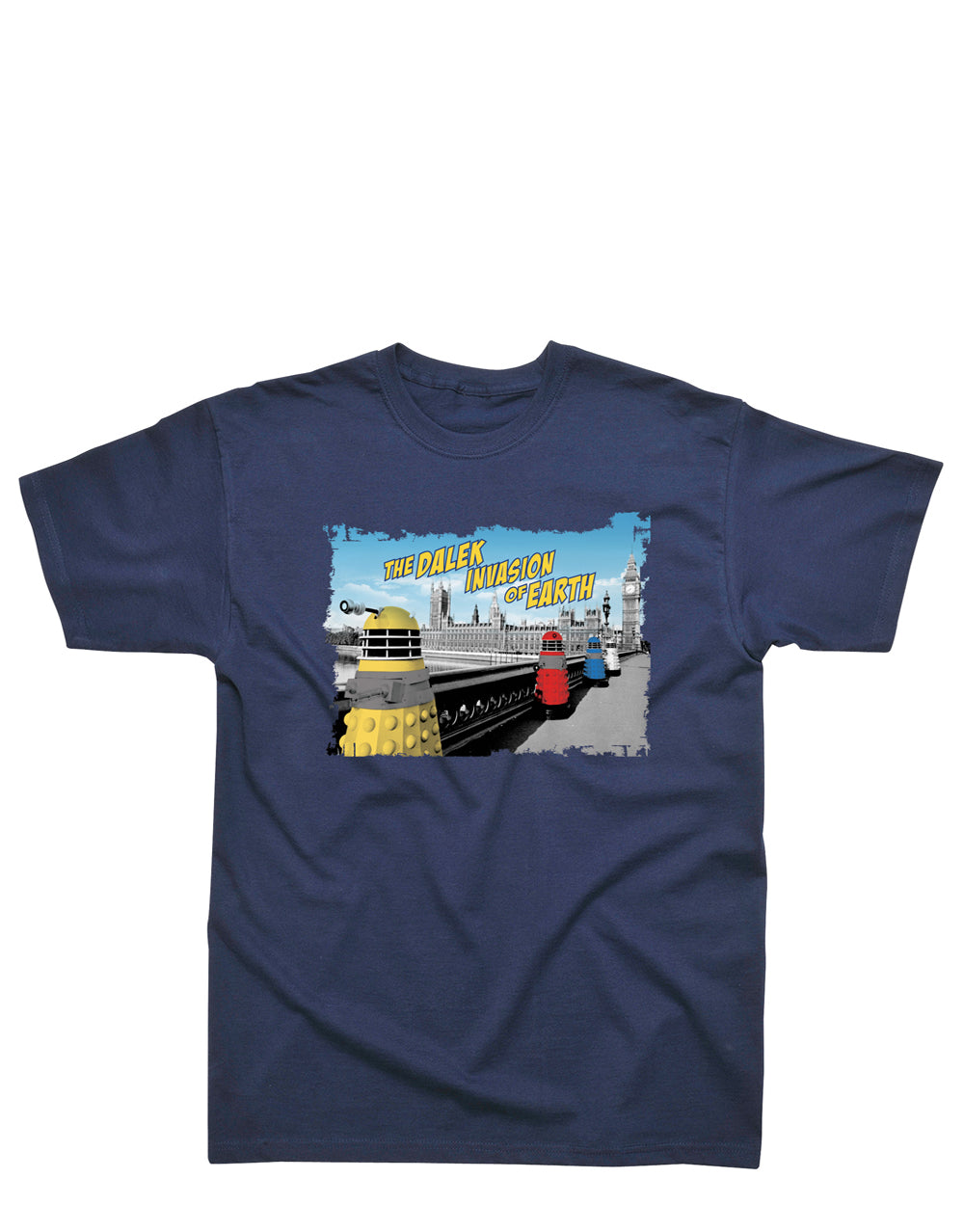 Doctor Who classic Dalek invasion graphic on a navy blue kids t-shirt.