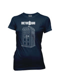 Tardis graphic on a navy blue women's t-shirt.