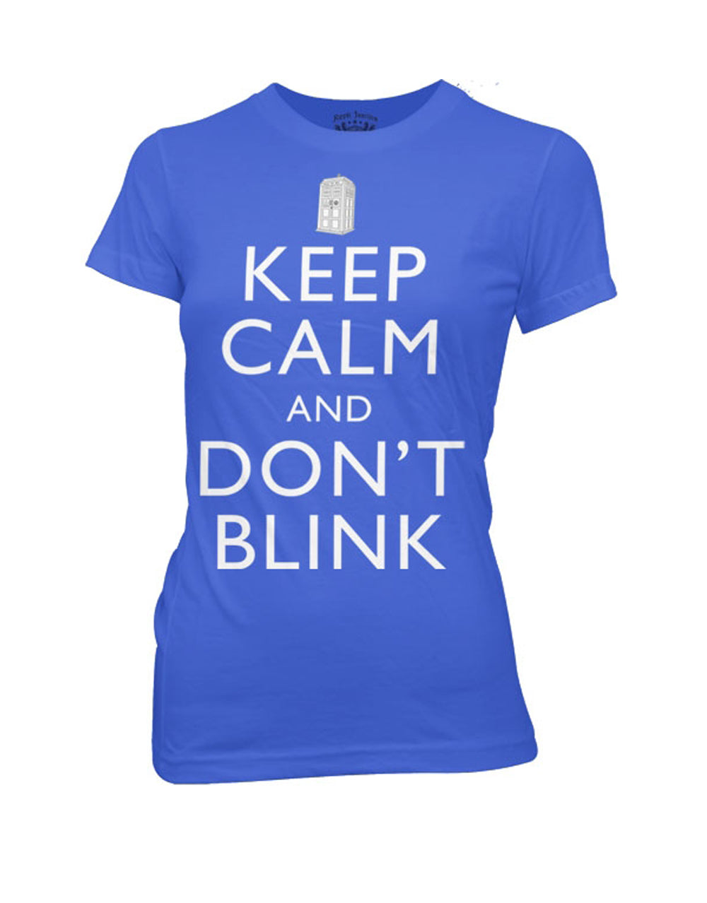 Keep calm and don't blink graphic on a royal blue women's t-shirt.