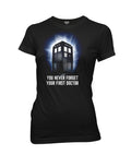 Dr Who first Doctor graphic on a black women's t-shirt.