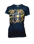 Van Gogh graphic on a navy blue women's t-shirt.
