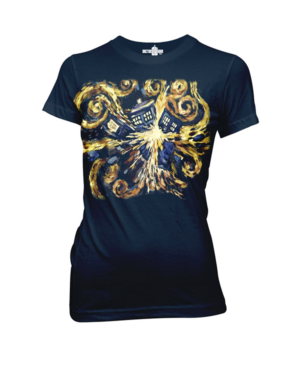 Van Gogh graphic on a navy blue women's t-shirt.