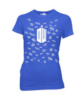 Tally marks graphic on a royal blue women's t-shirt.