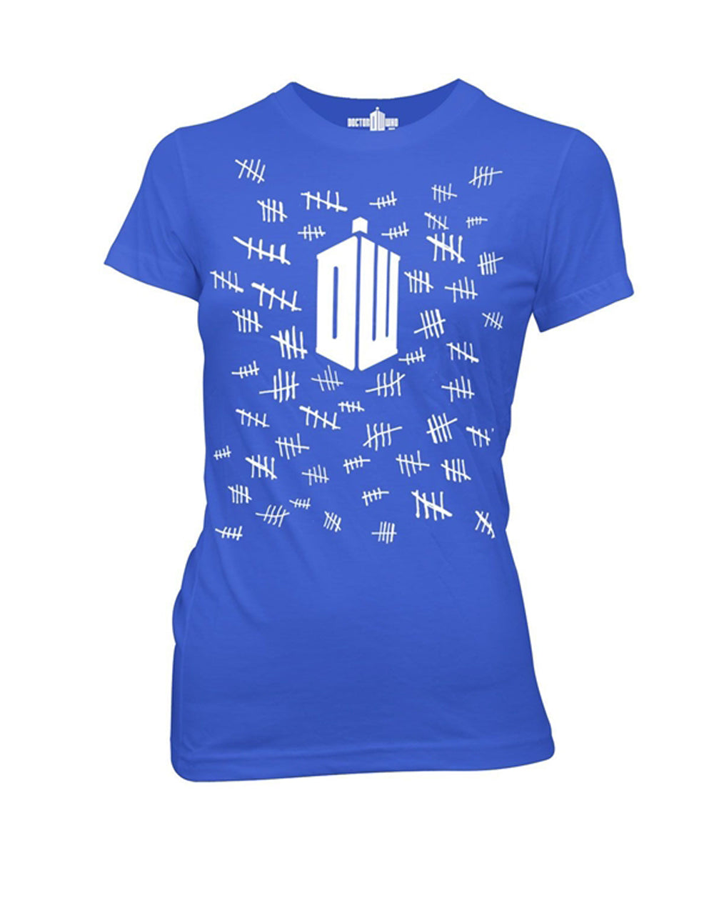 Tally marks graphic on a royal blue women's t-shirt.