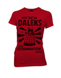 Vote no on Daleks graphic on a red women's t-shirt.