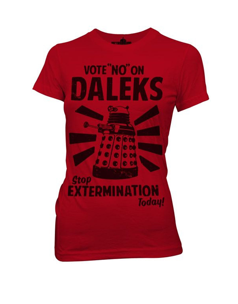 Vote no on Daleks graphic on a red women's t-shirt.