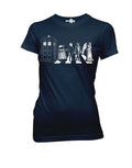 Detailed street crossing graphic on a navy blue women's t-shirt.