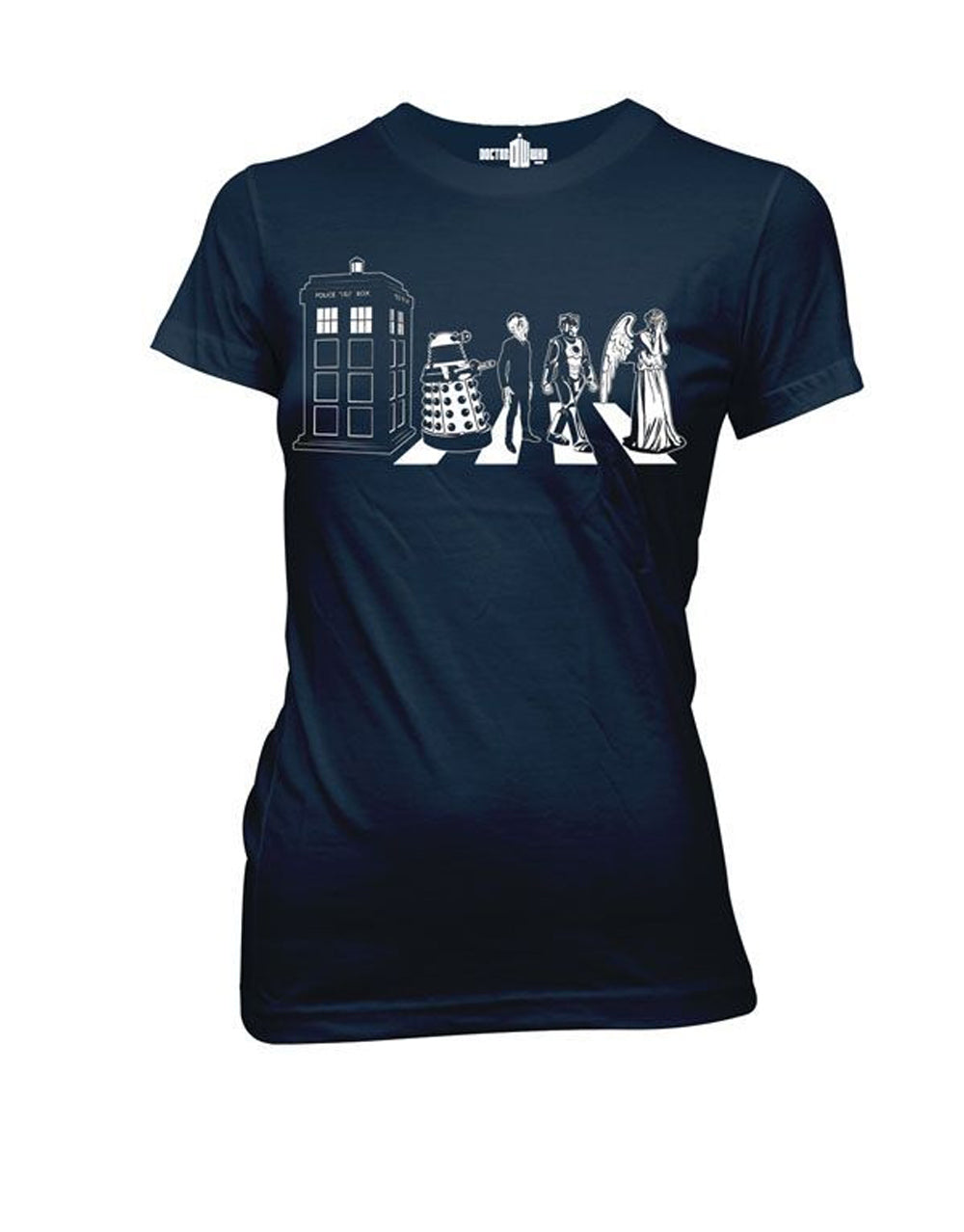 Detailed street crossing graphic on a navy blue women's t-shirt.