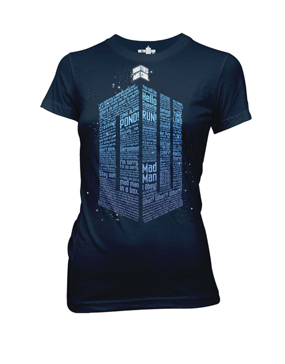Logo of words graphic on a navy blue women's t-shirt.