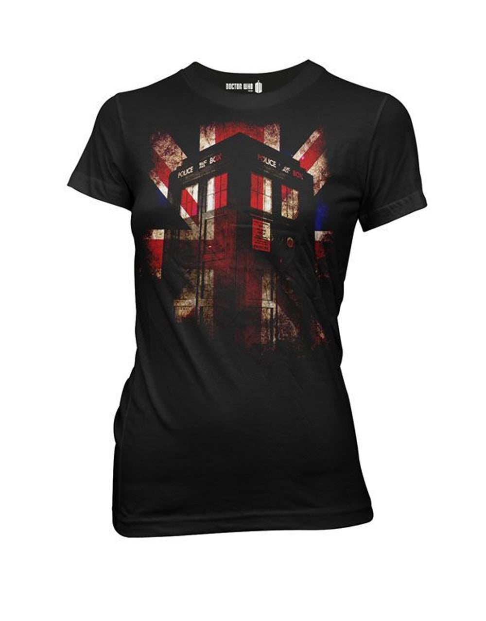 Union Jack graphic on a black women's t-shirt.