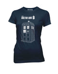 Series 7 linear Tardis graphic on a navy blue women's t-shirt.