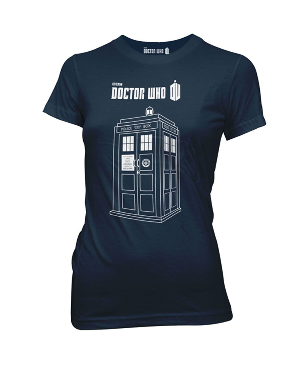 Series 7 linear Tardis graphic on a navy blue women's t-shirt.