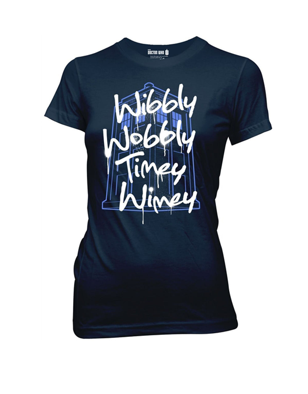 Wibbly wobbly graphic on a navy blue women's t-shirt.