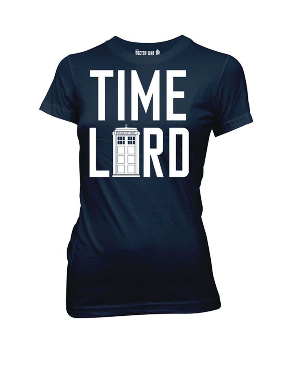 Time Lord with Tardis graphic on a navy blue women's t-shirt.
