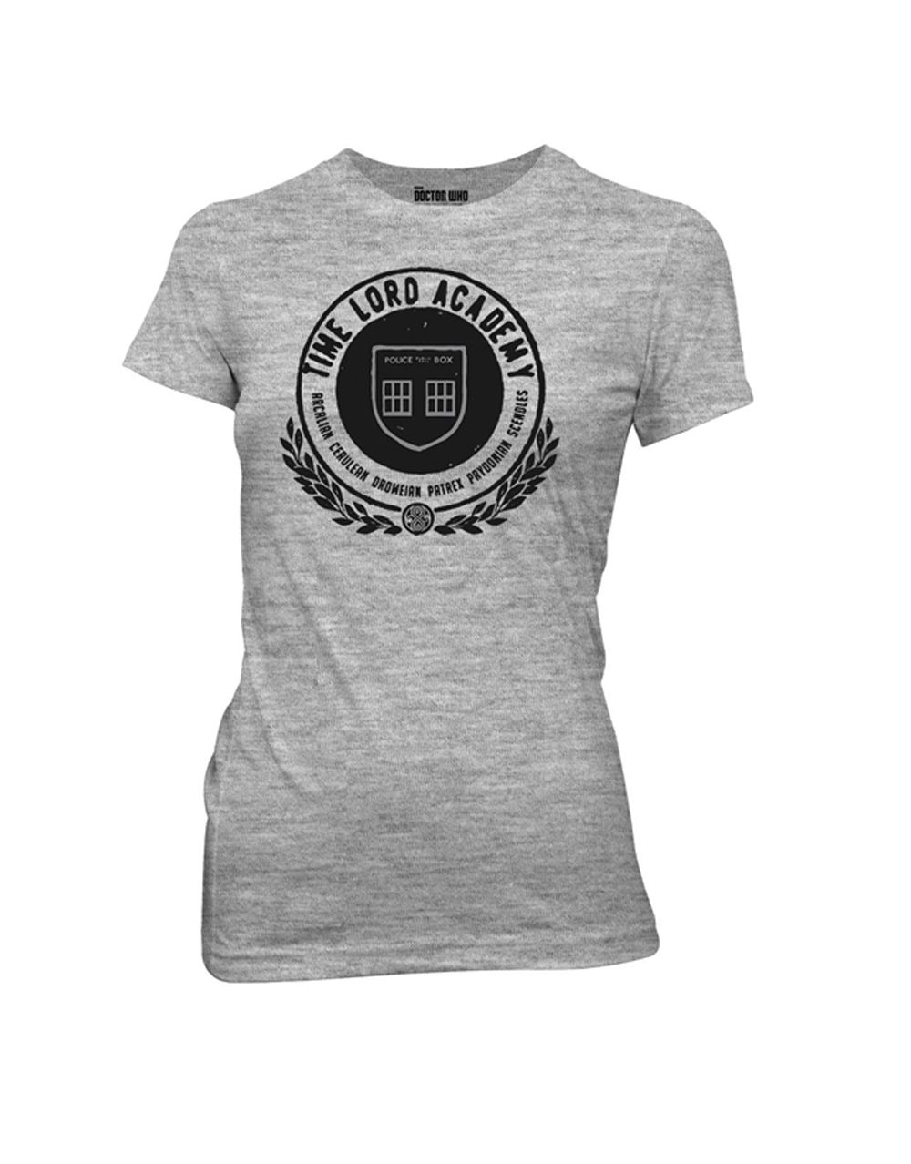 Time Lord academy graphic on a heathered athletic grey women's t-shirt.