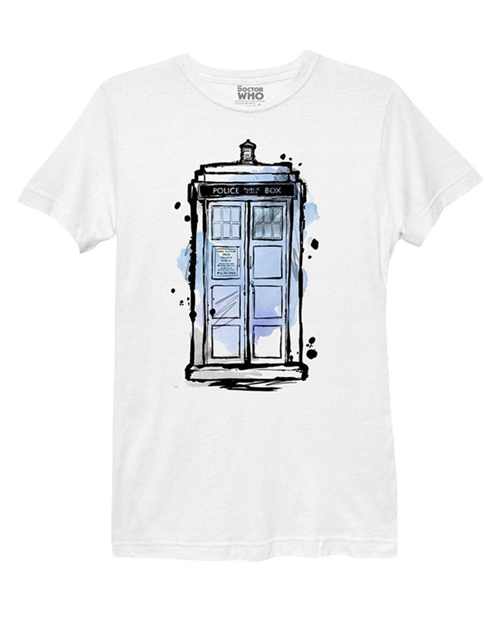 Ink Tardis graphic on a white women's t-shirt.