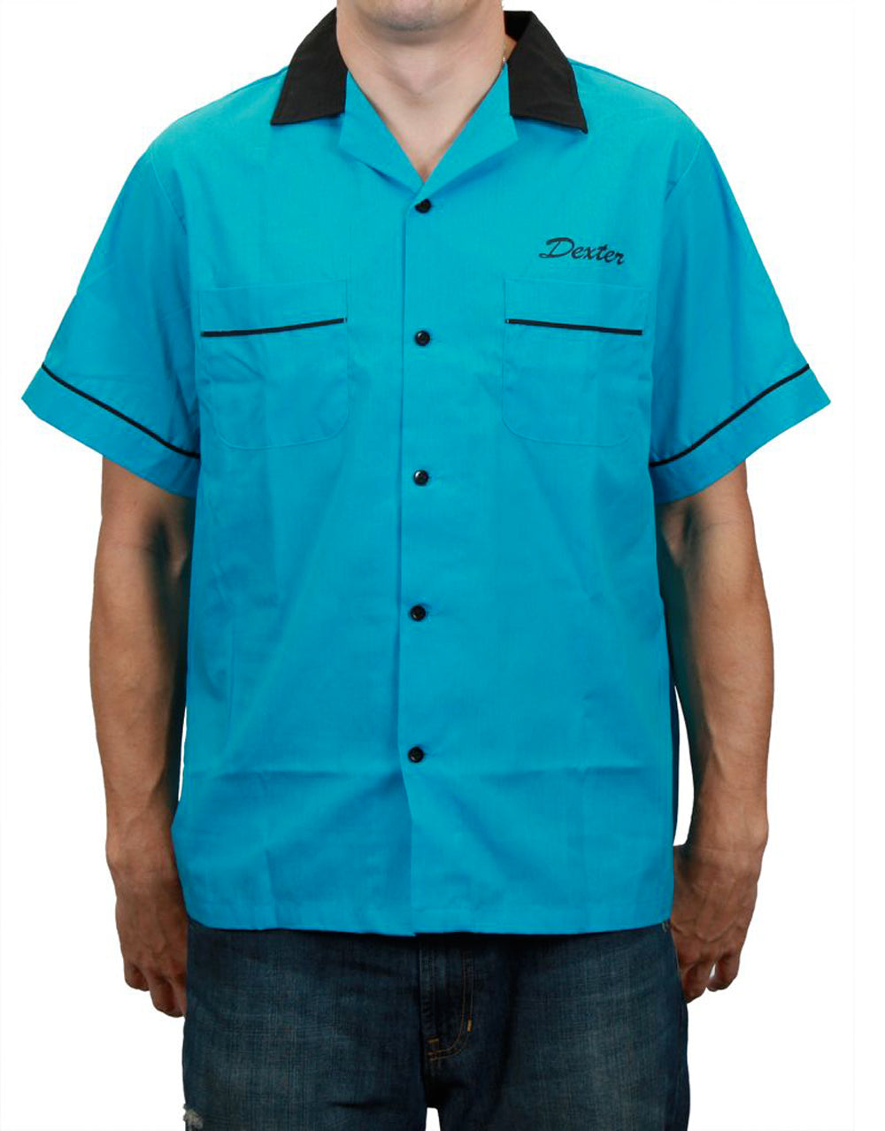 Dexter bowl bleed graphic on a blue adult shirt.