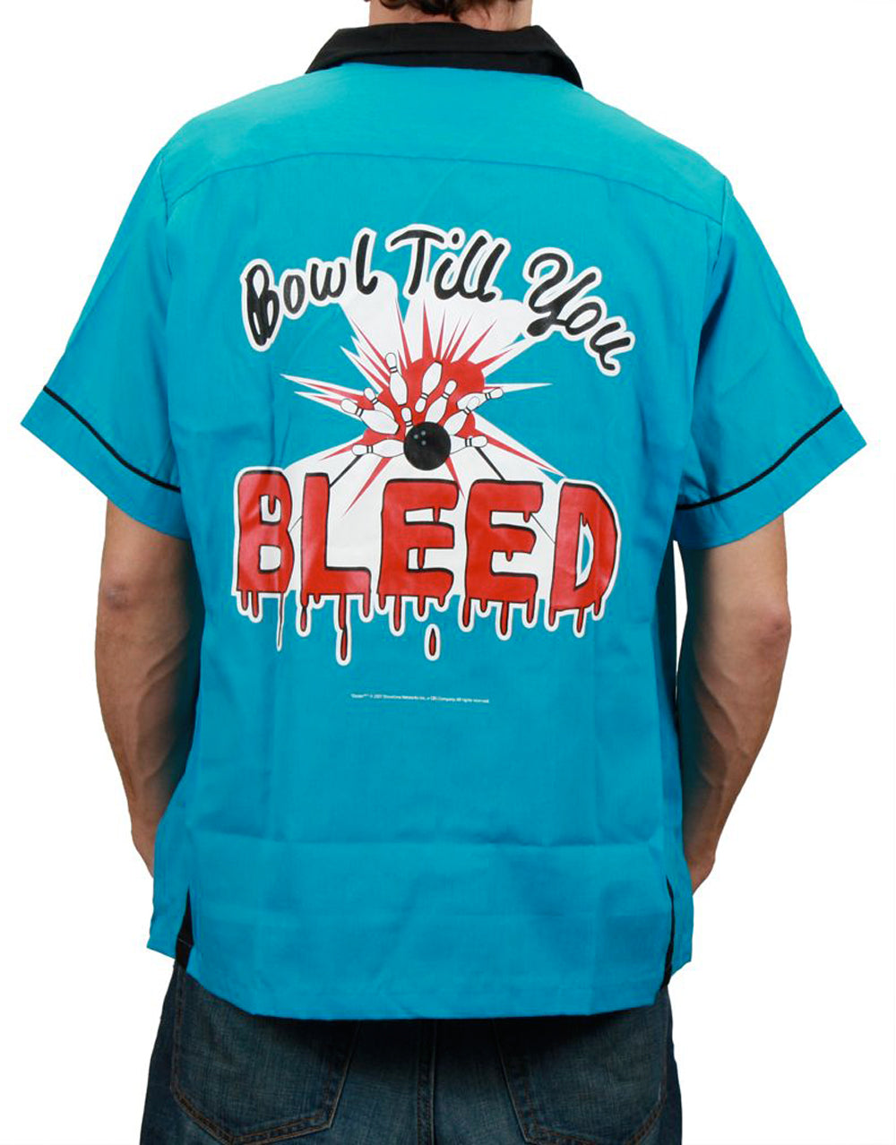 Dexter bowl bleed graphic on a blue adult shirt.