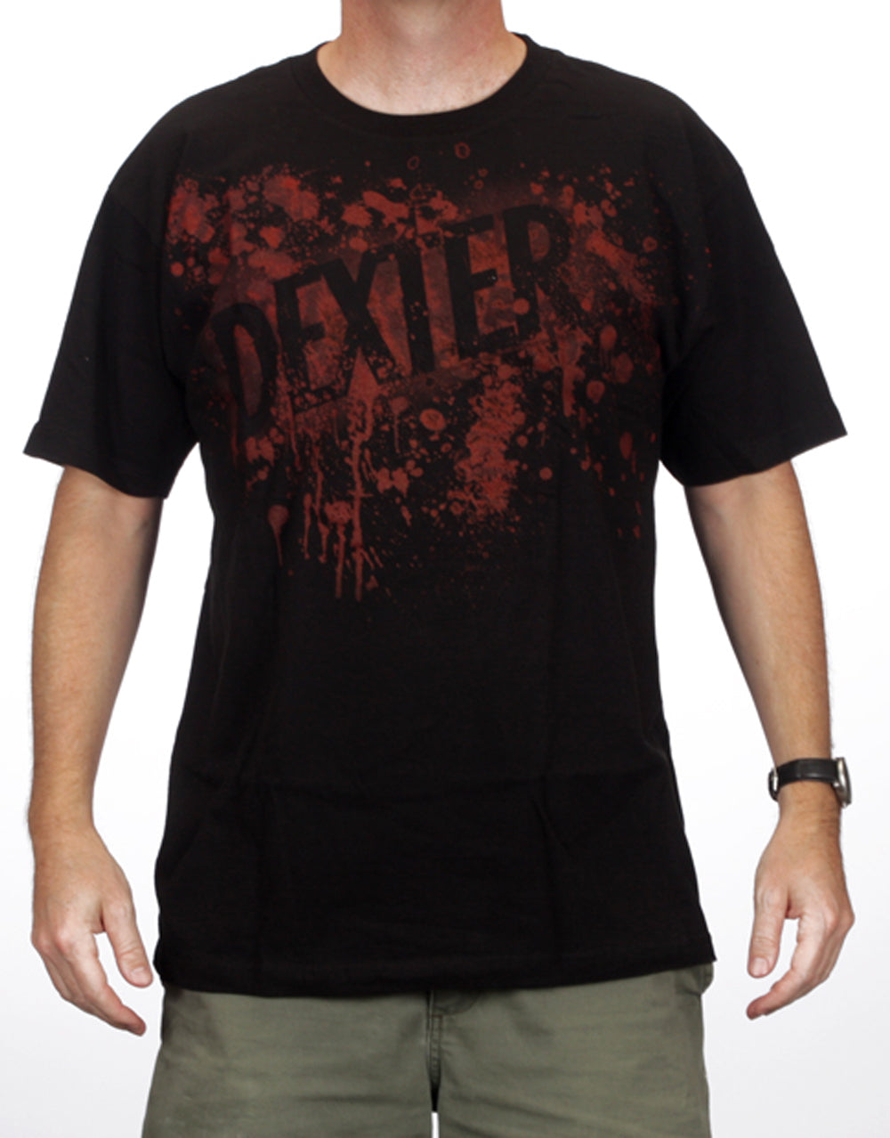 Dexter plasma graphic on a black adult t-shirt.