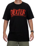 Dexter blood logo graphic on a black adult t-shirt.