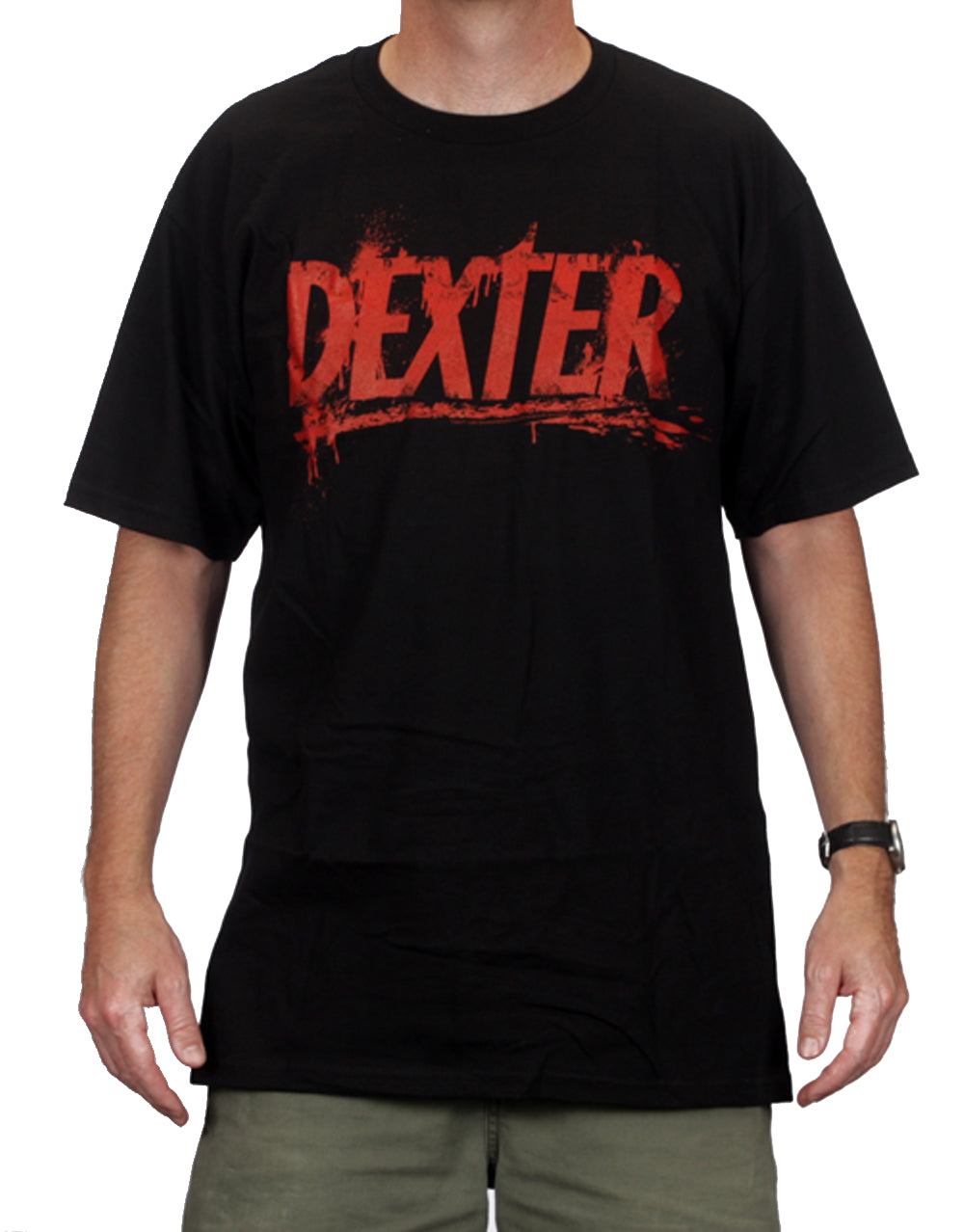 Dexter blood logo graphic on a black adult t-shirt.