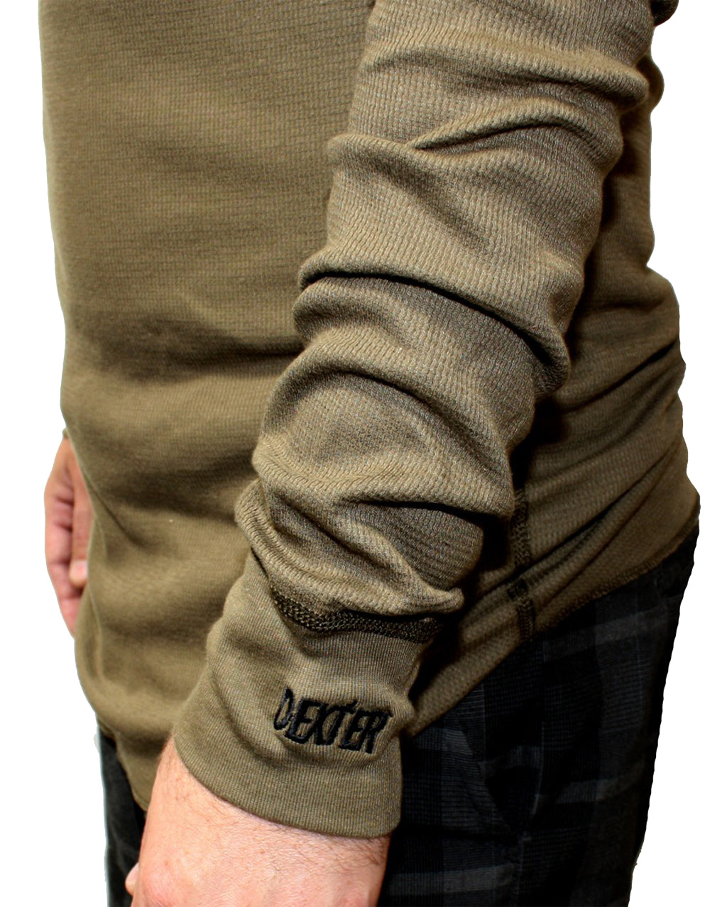 Dexter kill thermal graphic on a green adult long sleeve top.