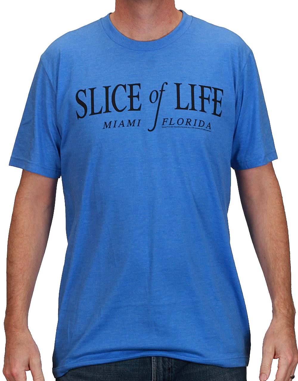 Dexter slice of life graphic on a blue adult t-shirt.