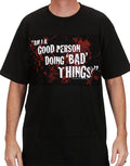 Dexter good person graphic on a black adult t-shirt.