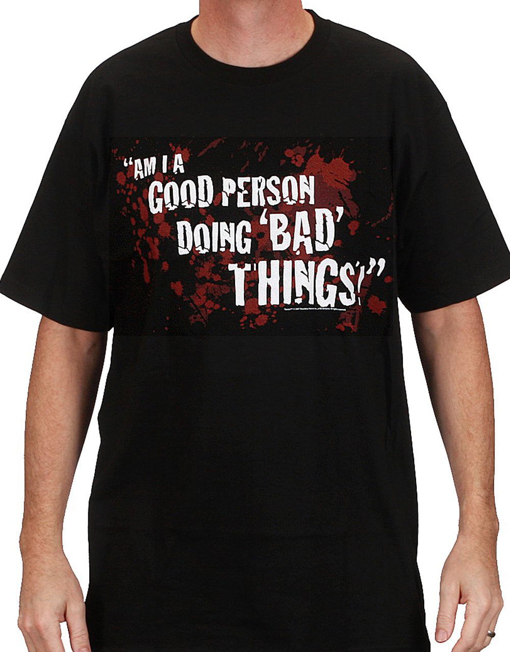 Dexter good person graphic on a black adult t-shirt.