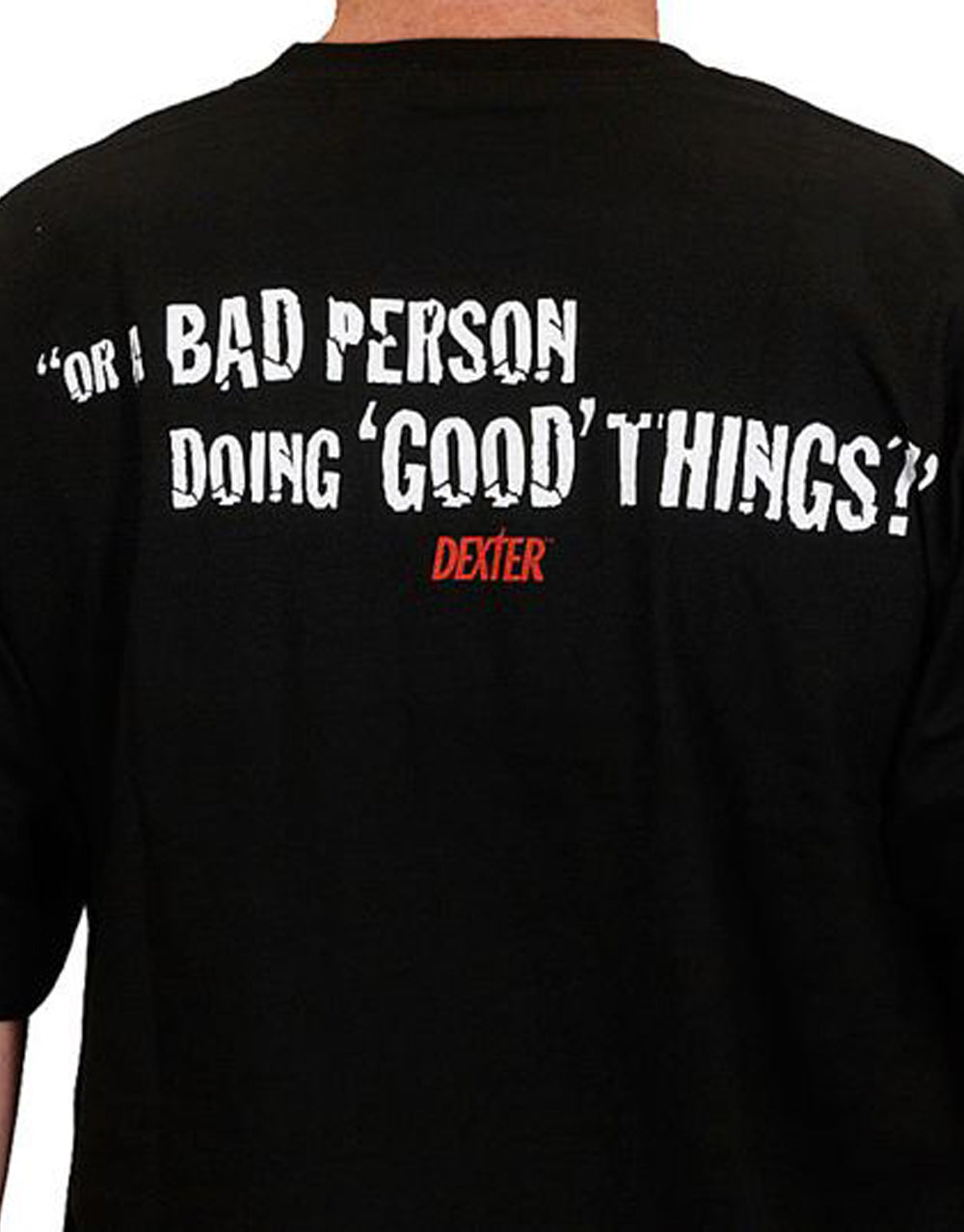 Dexter good person graphic on a black adult t-shirt.
