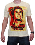 Dexter power saw graphic on a cream adult t-shirt.