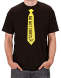 Dexter all business graphic on a black adult t-shirt.