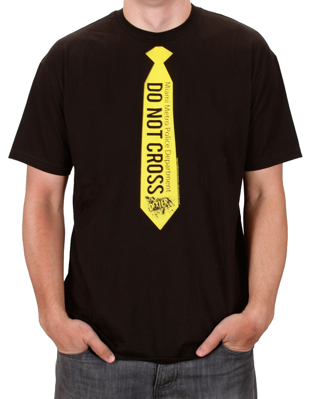 Dexter all business graphic on a black adult t-shirt.