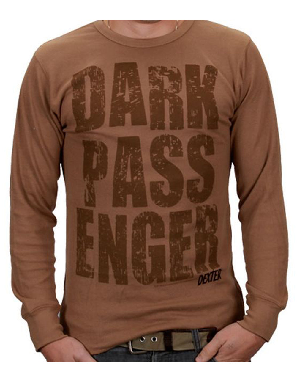 Dexter dark passenger thermal graphic on a brown adult long sleeve top.