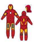 Iron Man onesie pyjama jumpsuit graphic on a red adult loungewear.