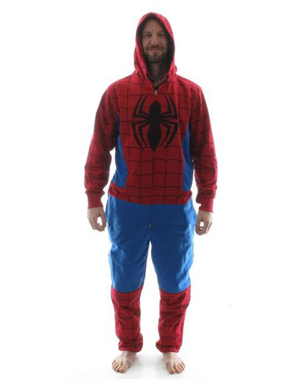 Spider-Man onesie pyjama jumpsuit graphic on a blue and red adult loungewear.