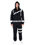 Shield onesie pyjama jumpsuit graphic on a black adult loungewear.