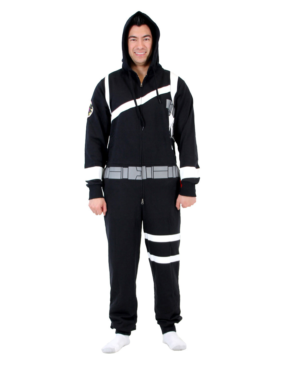Shield onesie pyjama jumpsuit graphic on a black adult loungewear.