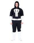 Punisher onesie pyjama jumpsuit graphic on a black adult loungewear.