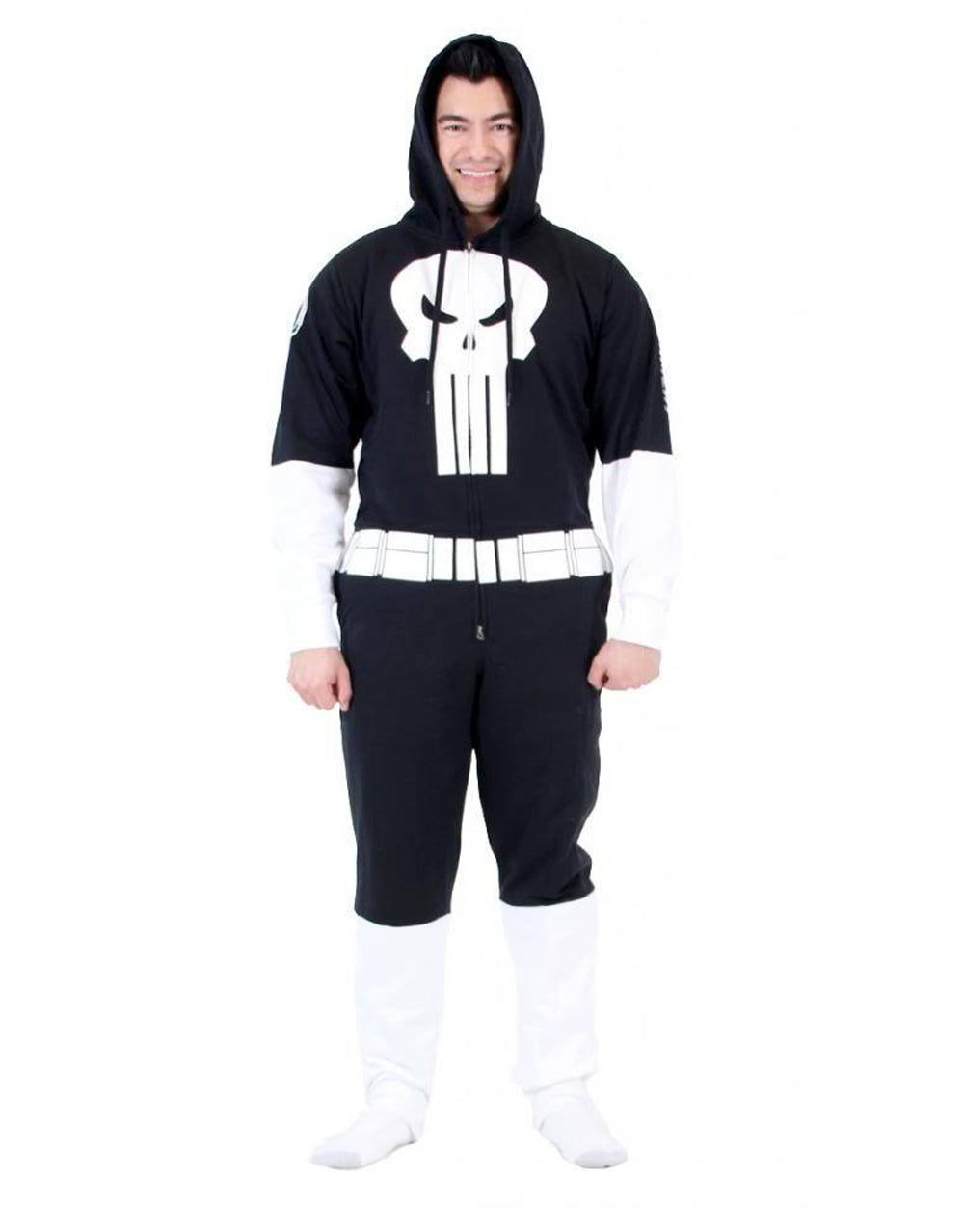 Punisher onesie pyjama jumpsuit graphic on a black adult loungewear.