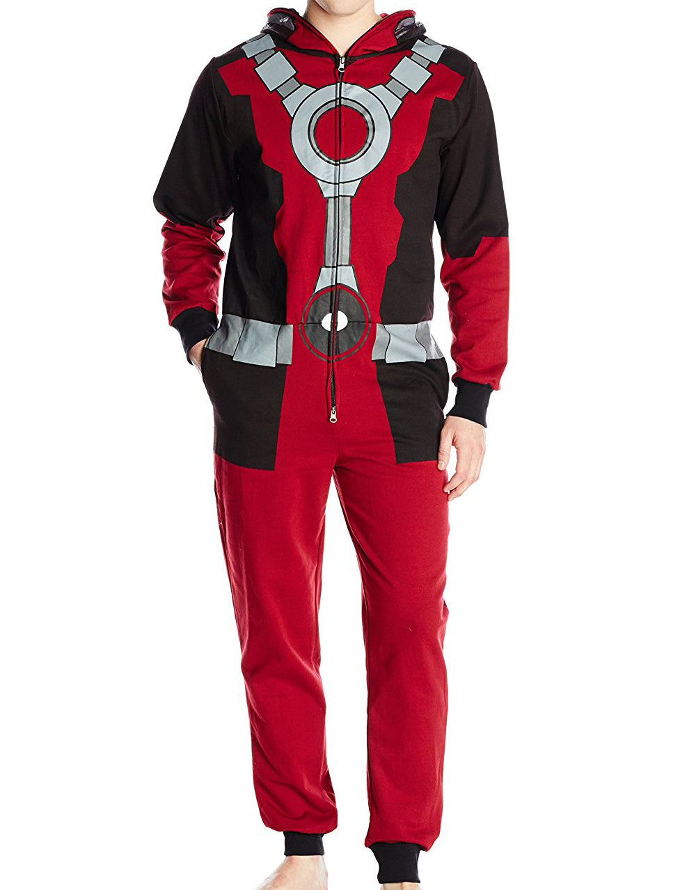 Deadpool onesie pyjama jumpsuit graphic on a red and black adult loungewear.