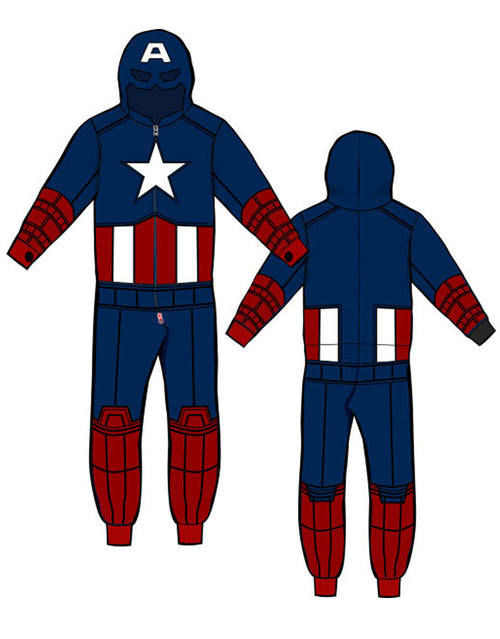 Captain America onesie pyjama jumpsuit graphic on a navy, red and white adult loungewear.