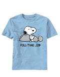 Snoopy full time job graphic on a blue adult t-shirt.