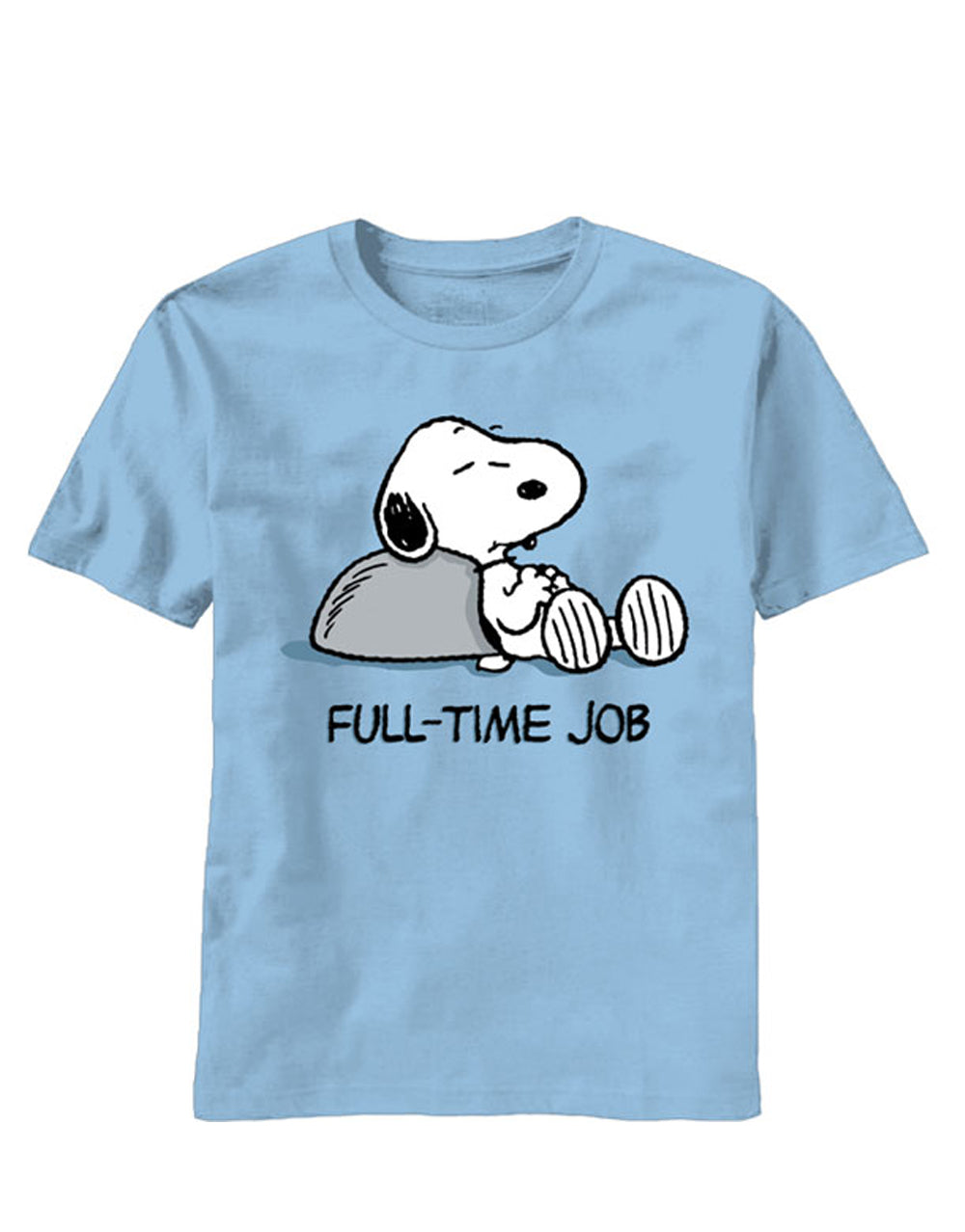 Snoopy full time job graphic on a blue adult t-shirt.