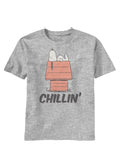 Snoopy chillin graphic on a heathered light grey adult t-shirt.