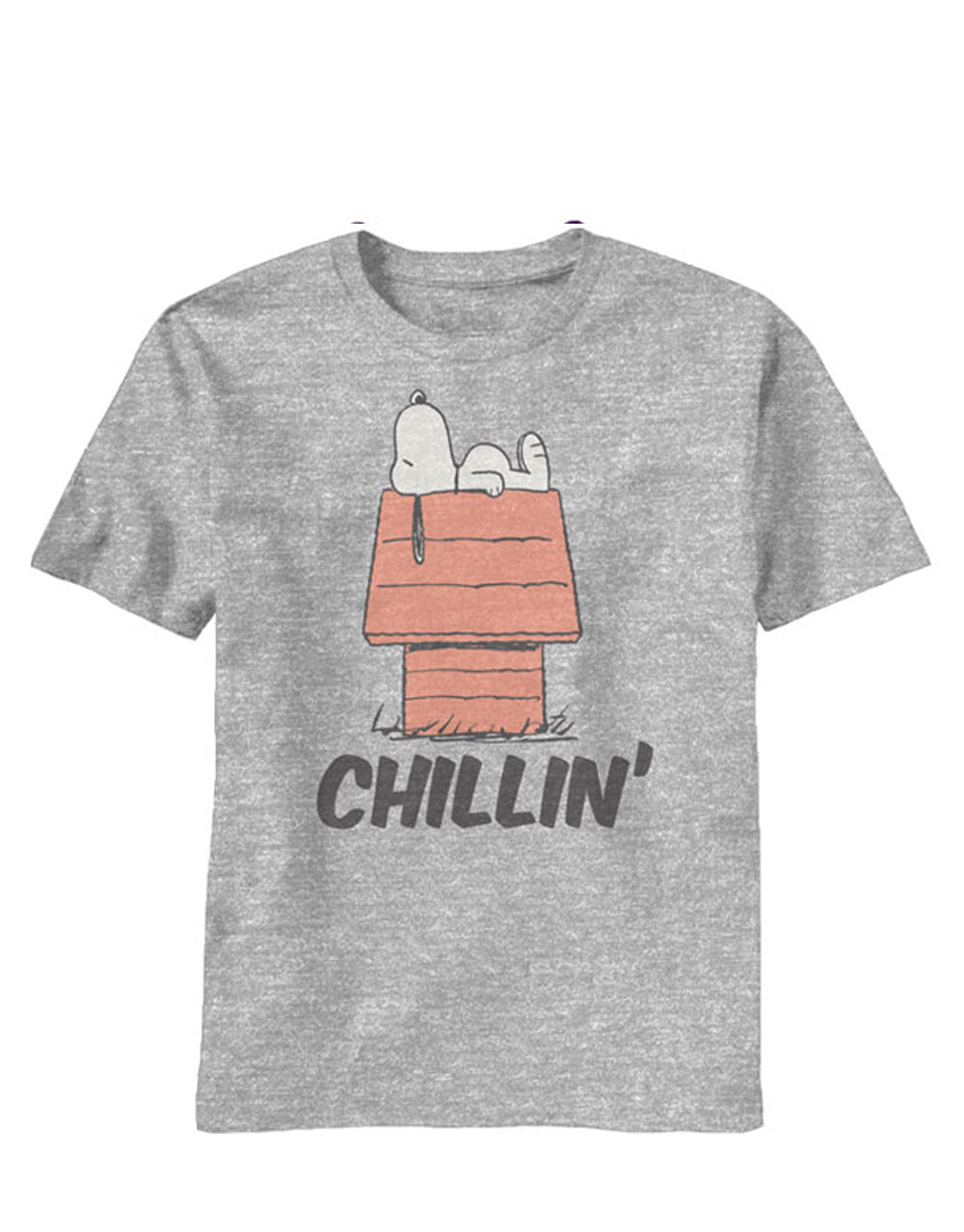 Snoopy chillin graphic on a heathered light grey adult t-shirt.