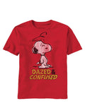 Snoopy dazed and confused graphic on a heathered red adult t-shirt.